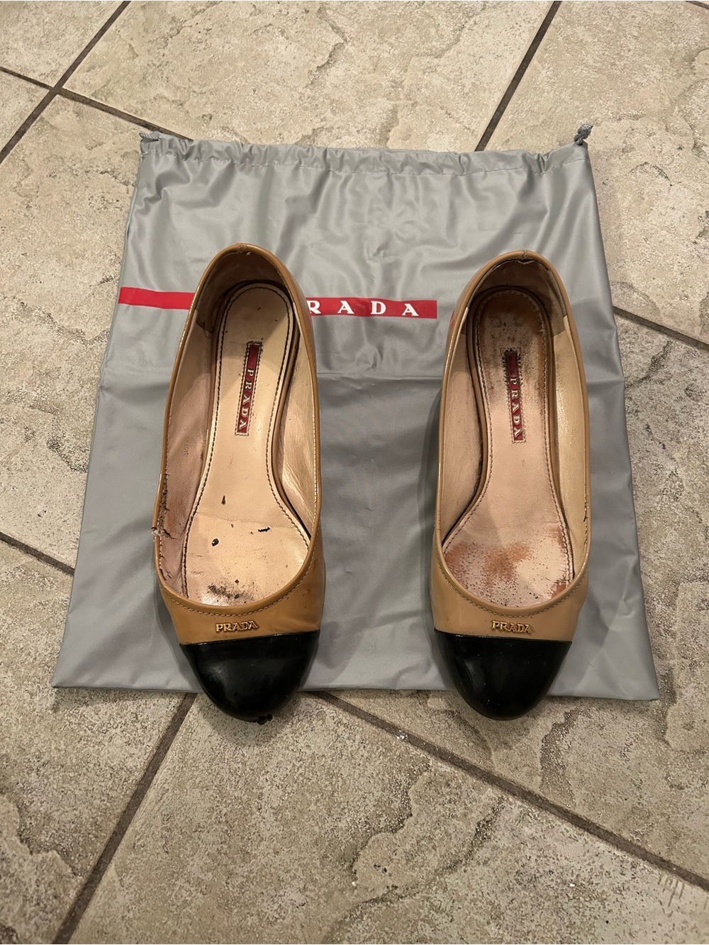 Prada Two-Tone Leather Ballet Flats in Tan and Black